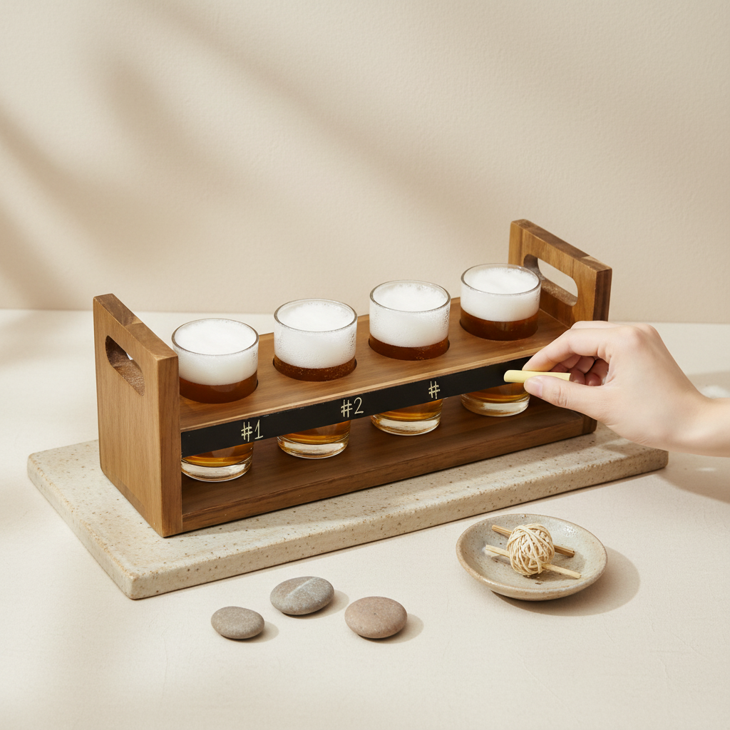 Vintage Desktop Wooden Wine Glass Holder Beer Tasting Tray with Wipeable Blackboard Eco-friendly Portable Wine Tray