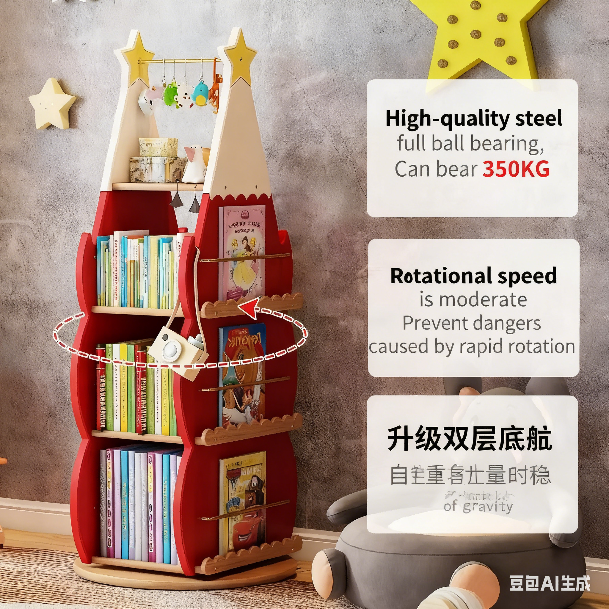 Bookshelf Cabinet Children's Christmas Tree-Shaped Rotating Bookcase Wooden Bookcase for Study Children's Room Bedroom Library