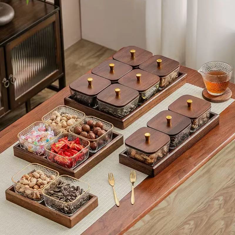 Walnut Eco-Friendly Wedding Creative Home Partition Dry Fruit Tray Plant Pattern Dessert Sugar Glass Bowl Fruit Plate Snack