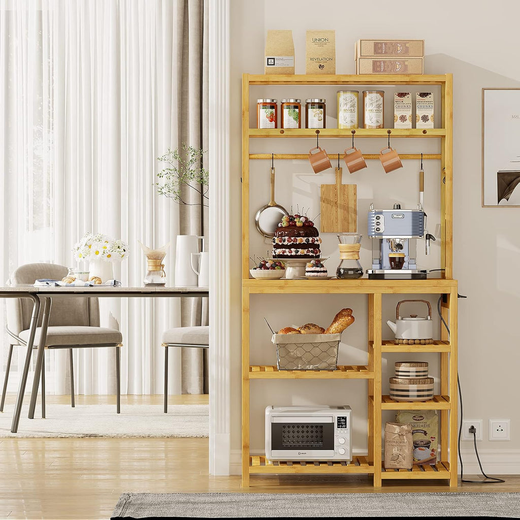 Bamboo Kitchen Storage Rack with Power Sockets 10 S-Shape Hooks for Tableware Food Dishes and Bowls Coffee Bar Stand Shelf