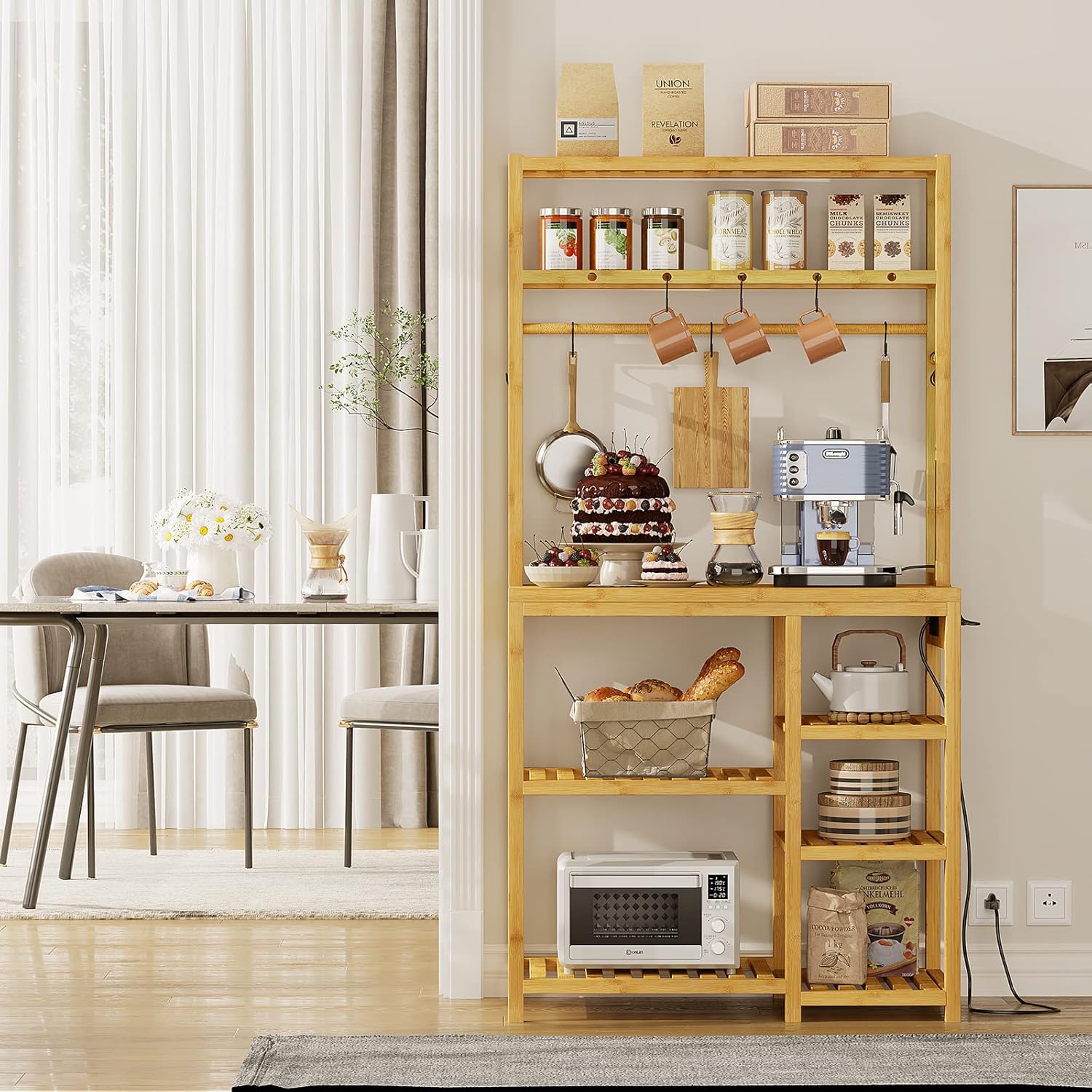 Bamboo Kitchen Storage Rack with Power Sockets 10 S-Shape Hooks for Tableware Food Dishes and Bowls Coffee Bar Stand Shelf