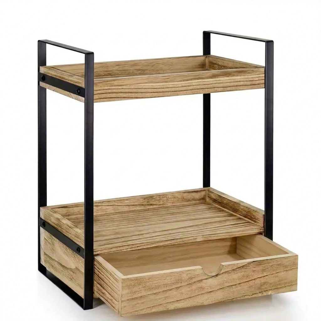Wooden Storage Rack Double-Layer Bathroom Organizer with Drawer Wooden Counter Rack Bathroom Countertop Organizer