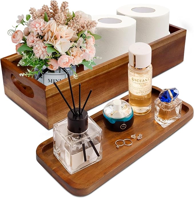 Handcrafted Natural Acacia Wood Single Toilet Tank Basket Top Cover Elegant Dressing Table Tray Set Living Room Bathroom Storage