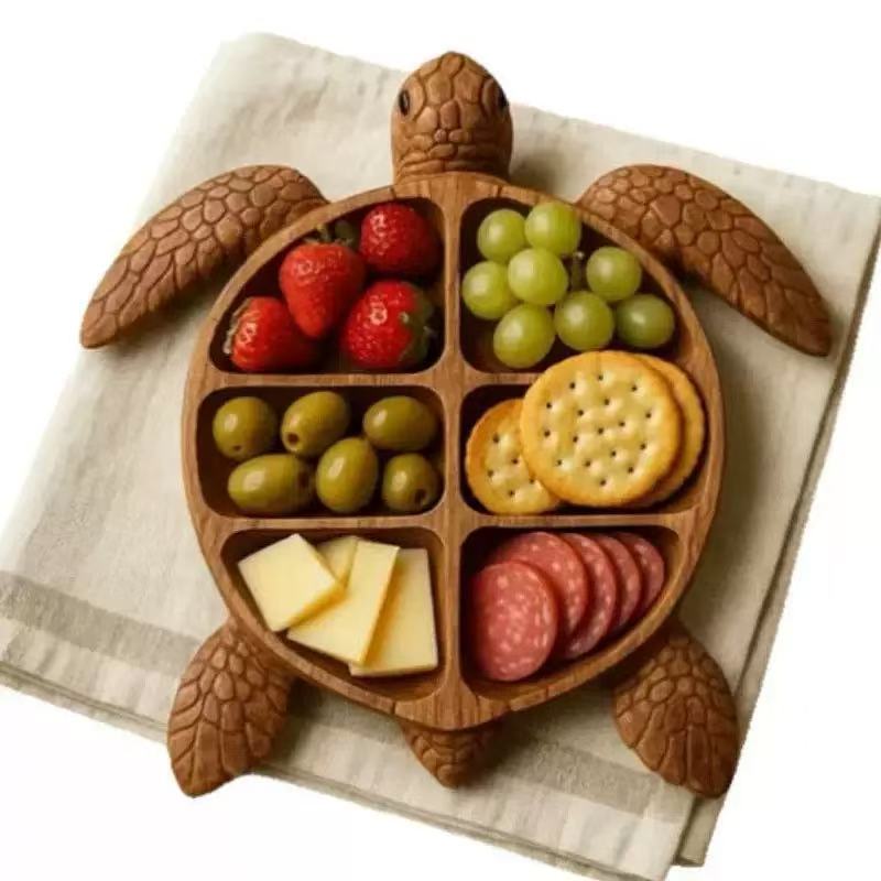 Wooden Personalized Creative Cartoon Turtle-Shaped Plate with Divided Sections Suitable for Serving Cheese and Fruits