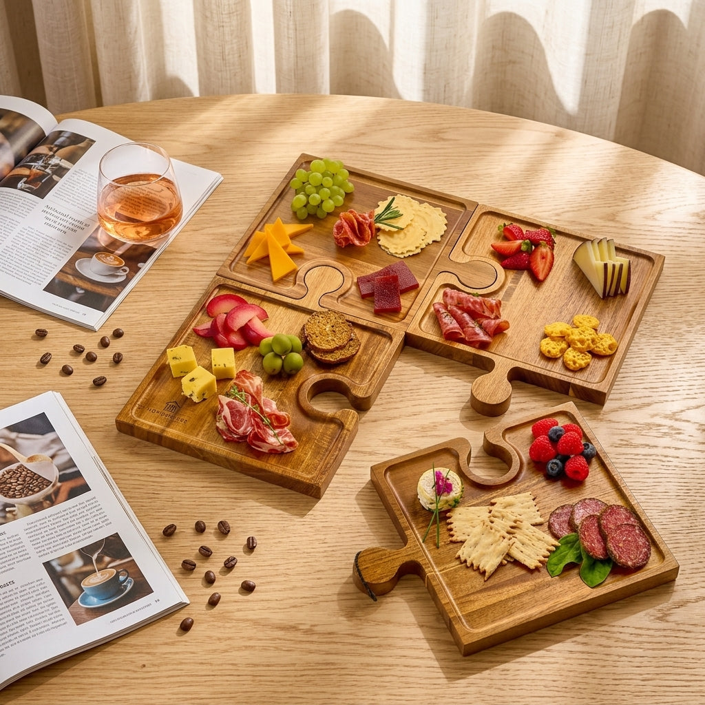 Wooden Tray Puzzle Shape Acacia Wood Tray Kitchen Cutting Board Fruit Steak Pizza Plate Snack Bread Tray