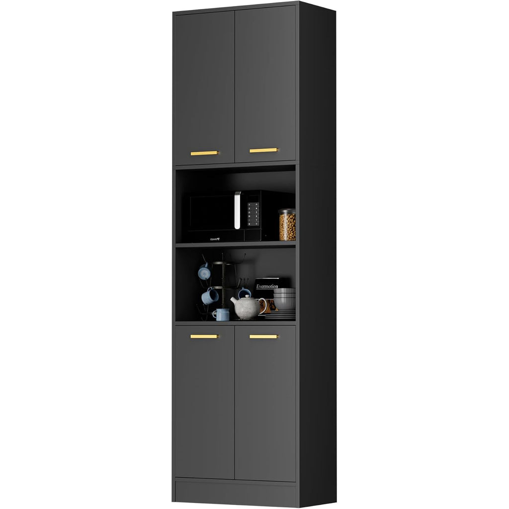 Tall Kitchen Pantry Storage Cabinet 4 Wood Doors Freestanding Cupboard Open Countertop Adjustable Shelves Portable Wardrobe