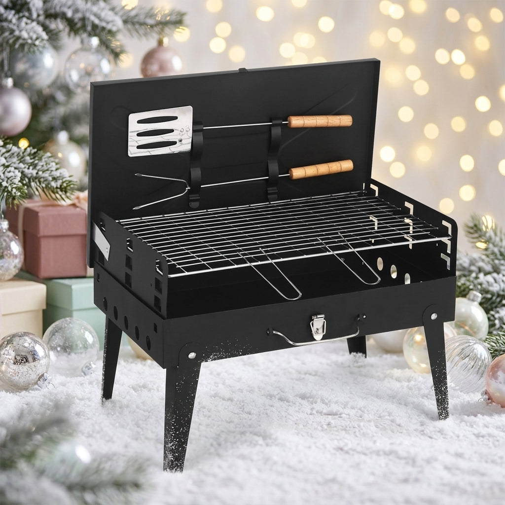 Outdoor Folding BBQ Grill with Built-in BBQ Tool Box, Portable Handheld Design for Various Locations