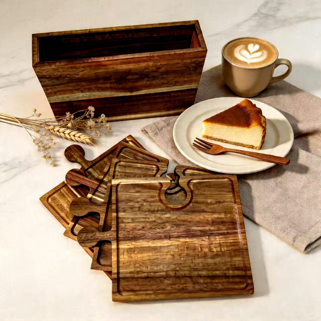 Wooden Tray Puzzle Shape Acacia Wood Tray Kitchen Cutting Board Fruit Steak Pizza Plate Snack Bread Tray