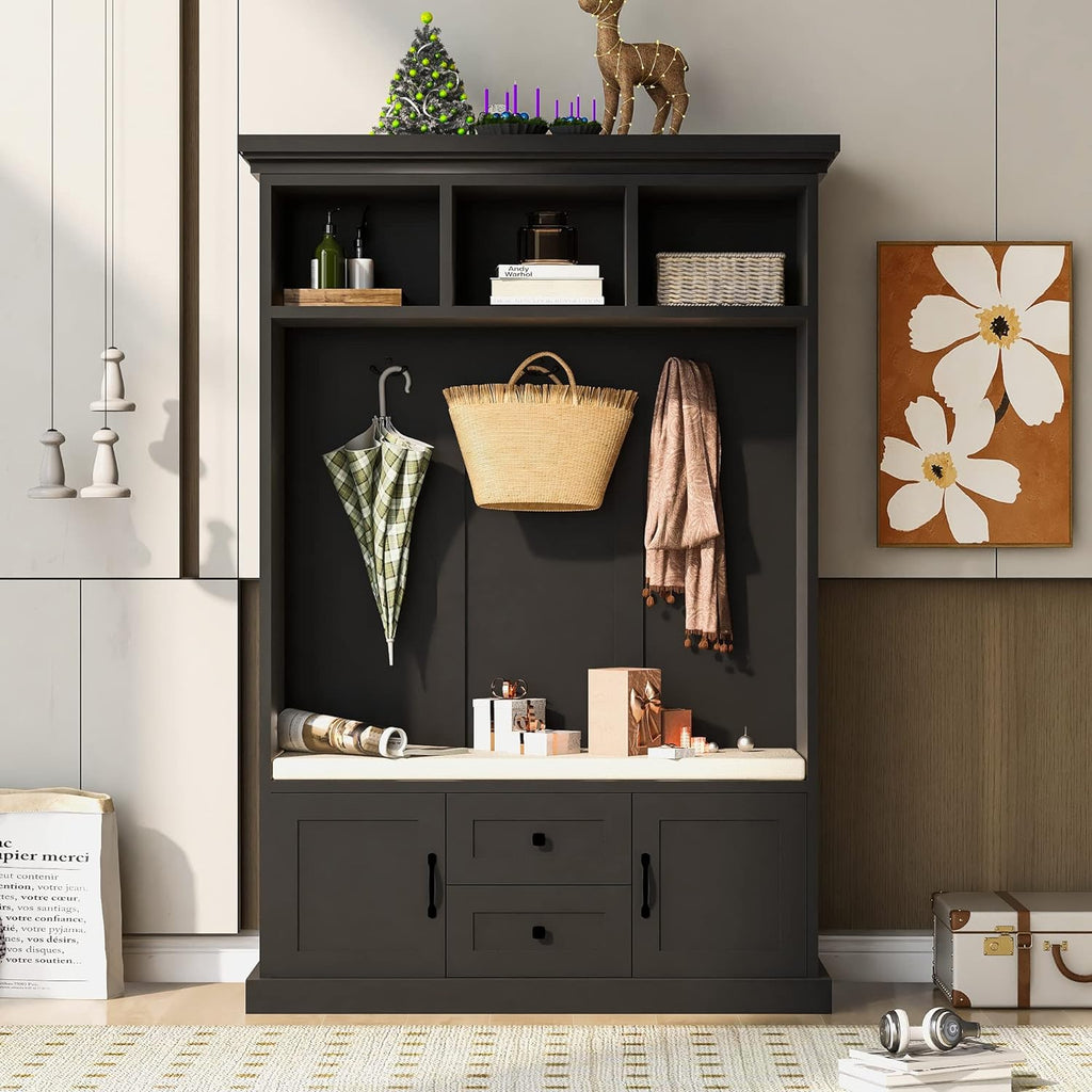 Modern Design Wooden Hall Tree With Shoe Rack Bench and Coat Hooks Panel Wood Dining Room Furniture for Home or Hotel Use