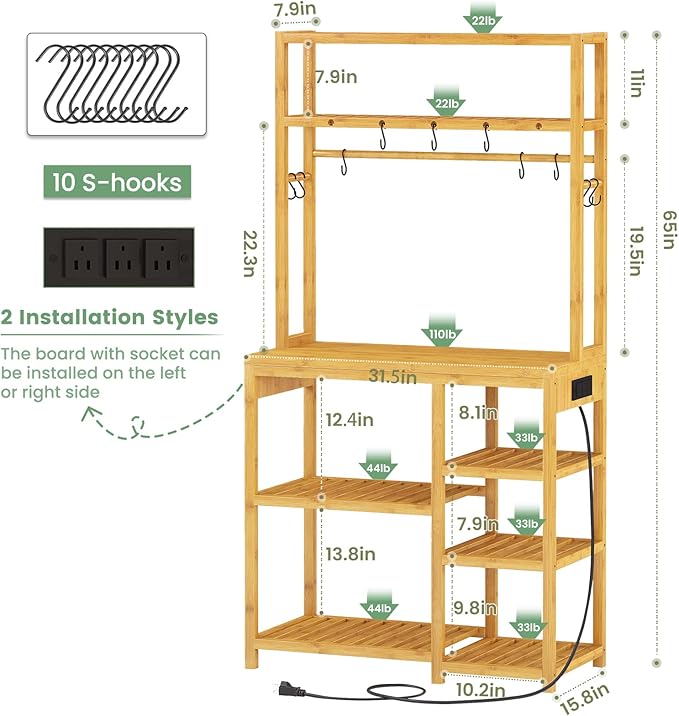 Bamboo Kitchen Storage Rack with Power Sockets 10 S-Shape Hooks for Tableware Food Dishes and Bowls Coffee Bar Stand Shelf