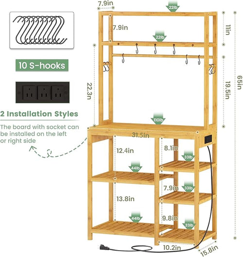 Bamboo Kitchen Storage Rack with Power Sockets 10 S-Shape Hooks for Tableware Food Dishes and Bowls Coffee Bar Stand Shelf