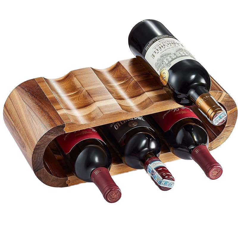 Modern Freestanding Acacia Wood Wine Rack Desktop Wine Double-Layer Storage Rack Oval Wooden Red Wine Display Rack Ornament