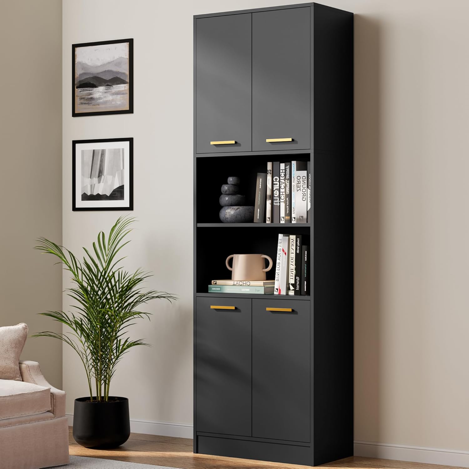Tall Kitchen Pantry Storage Cabinet 4 Wood Doors Freestanding Cupboard Open Countertop Adjustable Shelves Portable Wardrobe