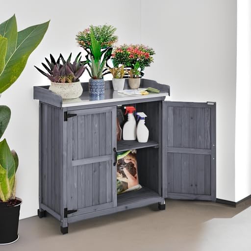 Modern Style Large Outdoor Garden Potting Table Bench Wooden Planting Work Station With Storage Cabinet Shelf Wood Kit Home Use