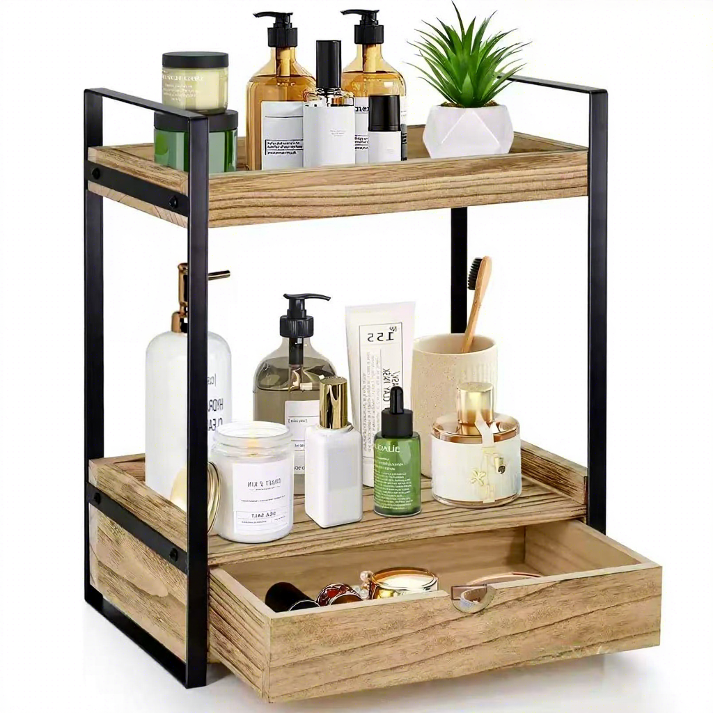 Wooden Storage Rack Double-Layer Bathroom Organizer with Drawer Wooden Counter Rack Bathroom Countertop Organizer