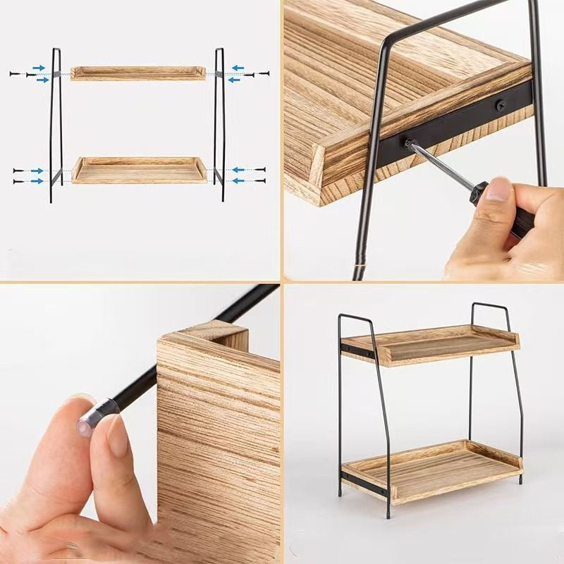Wooden Storage Rack Multi-Functional Double-Layer Kitchen Spice Organizer Bathroom Skincare Organizer Desktop Storage Rack