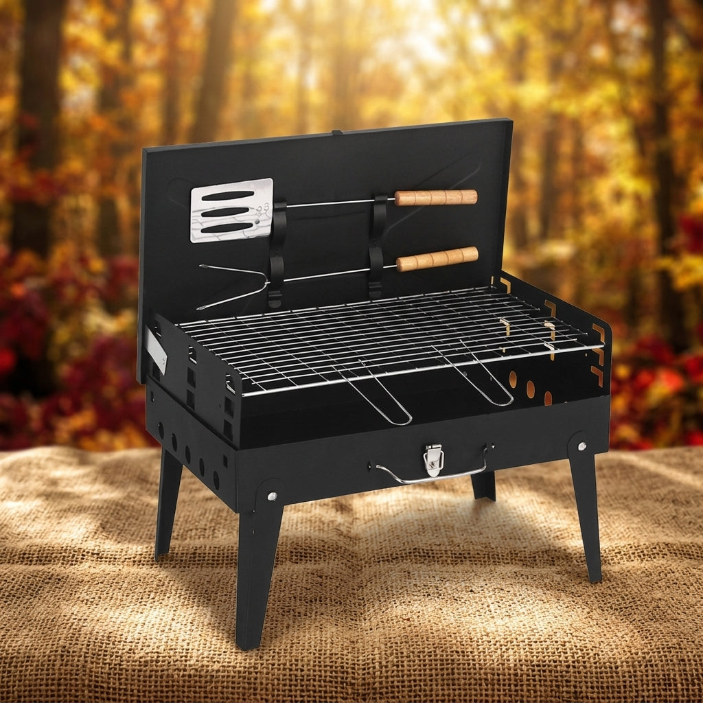 Outdoor Folding BBQ Grill with Built-in BBQ Tool Box, Portable Handheld Design for Various Locations