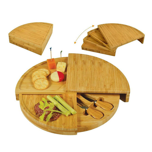 Bamboo Fruit Tray Household Multi-Purpose Folding Cheese Plate Fan-Shaped Rotating Knife Fork Set Food Storage & Container