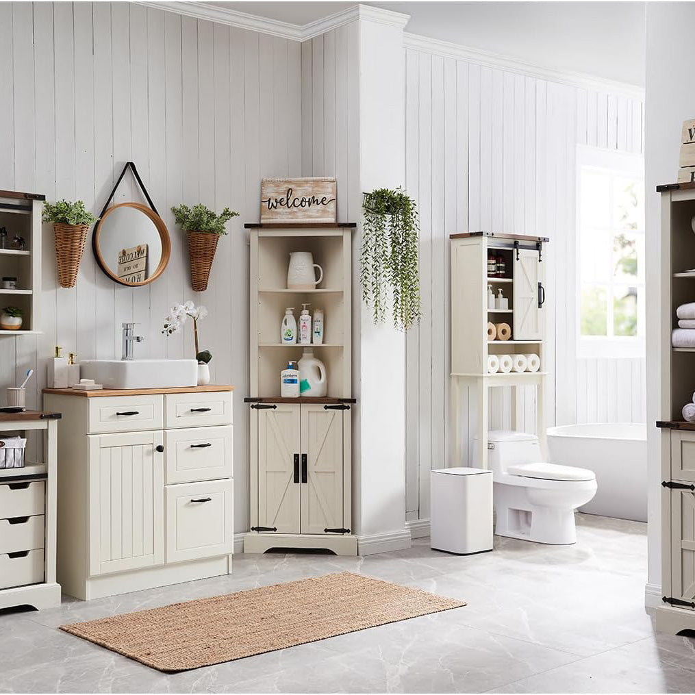 Tall Rustic Oak Antique White Corner Cabinet Adjustable Shelves Farmhouse Storage Barn Door Design Home Space Saver Living Room
