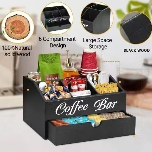 Coffee Bar Counter Storage Box Solid Wood Coffee Pod Beverage Organizer Box Desktop Compartment Storage Box
