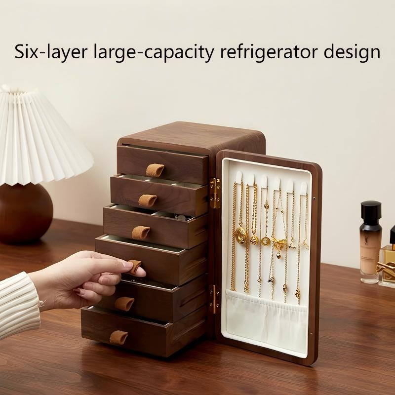 Exquisite Six-Layer Open Jewelry Box Large Capacity Walnut Wood Cabinet-Style Organizer for Stylish Storage