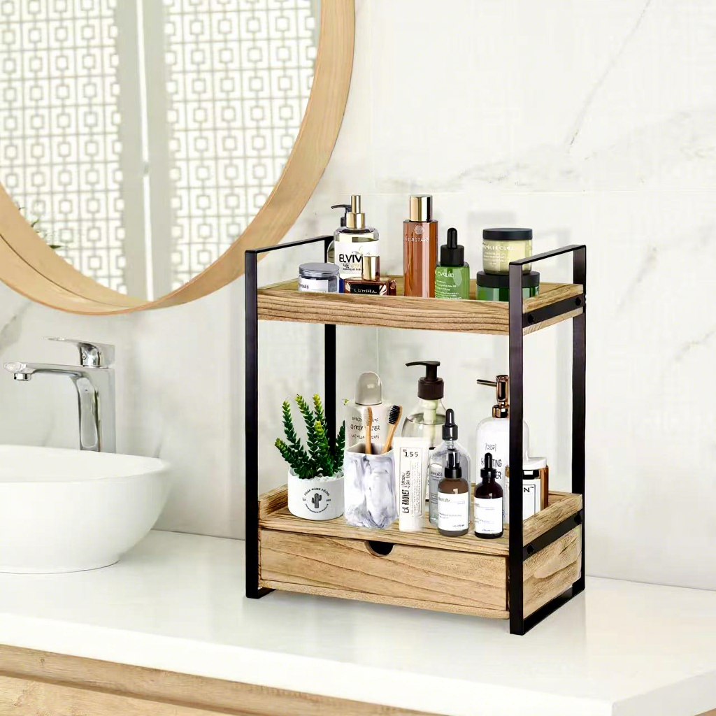 Wooden Storage Rack Double-Layer Bathroom Organizer with Drawer Wooden Counter Rack Bathroom Countertop Organizer