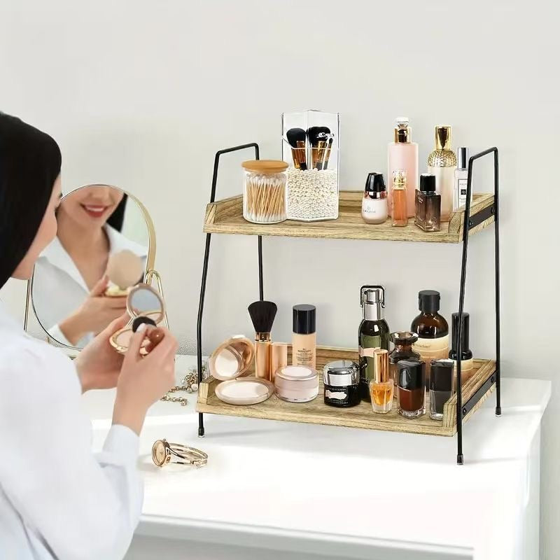 Wooden Storage Rack Multi-Functional Double-Layer Kitchen Spice Organizer Bathroom Skincare Organizer Desktop Storage Rack