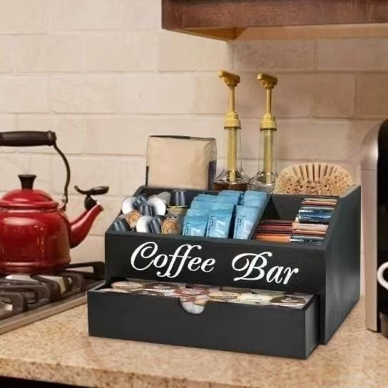 Coffee Bar Counter Storage Box Solid Wood Coffee Pod Beverage Organizer Box Desktop Compartment Storage Box