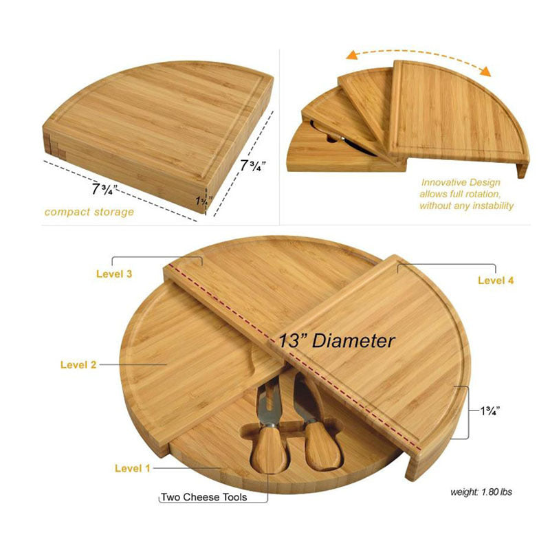 Bamboo Fruit Tray Household Multi-Purpose Folding Cheese Plate Fan-Shaped Rotating Knife Fork Set Food Storage & Container