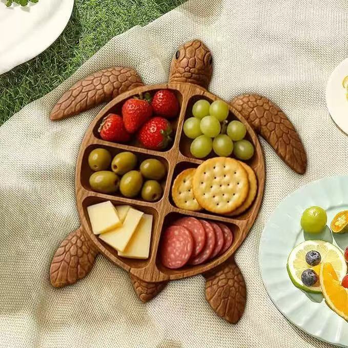 Wooden Personalized Creative Cartoon Turtle-Shaped Plate with Divided Sections Suitable for Serving Cheese and Fruits