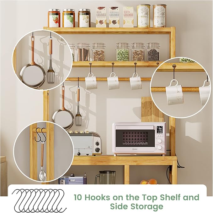Bamboo Kitchen Storage Rack with Power Sockets 10 S-Shape Hooks for Tableware Food Dishes and Bowls Coffee Bar Stand Shelf