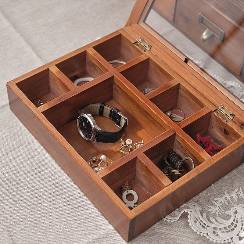 Flip Lid Jewelry Box Storage Box Wooden Box Solid Wood Grid Desktop Display Box Vintage Walnut Ornament Artware