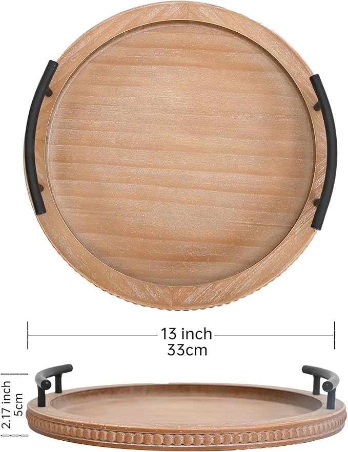 Round Wood Tray with Handle Kitchen Counter Tray Decorated by Wooden Bead Garland for Living Room Use Lacquer Technics
