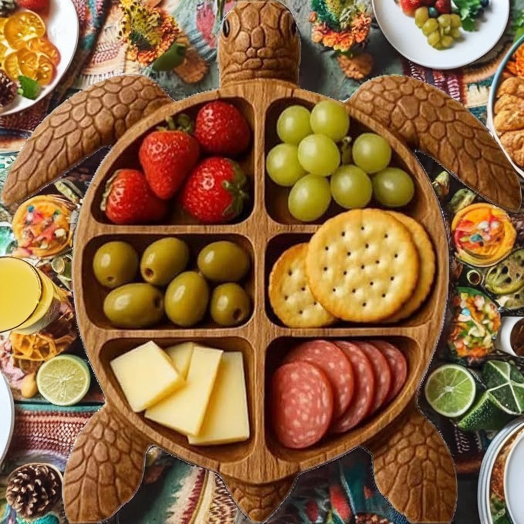 Wooden Personalized Creative Cartoon Turtle-Shaped Plate with Divided Sections Suitable for Serving Cheese and Fruits