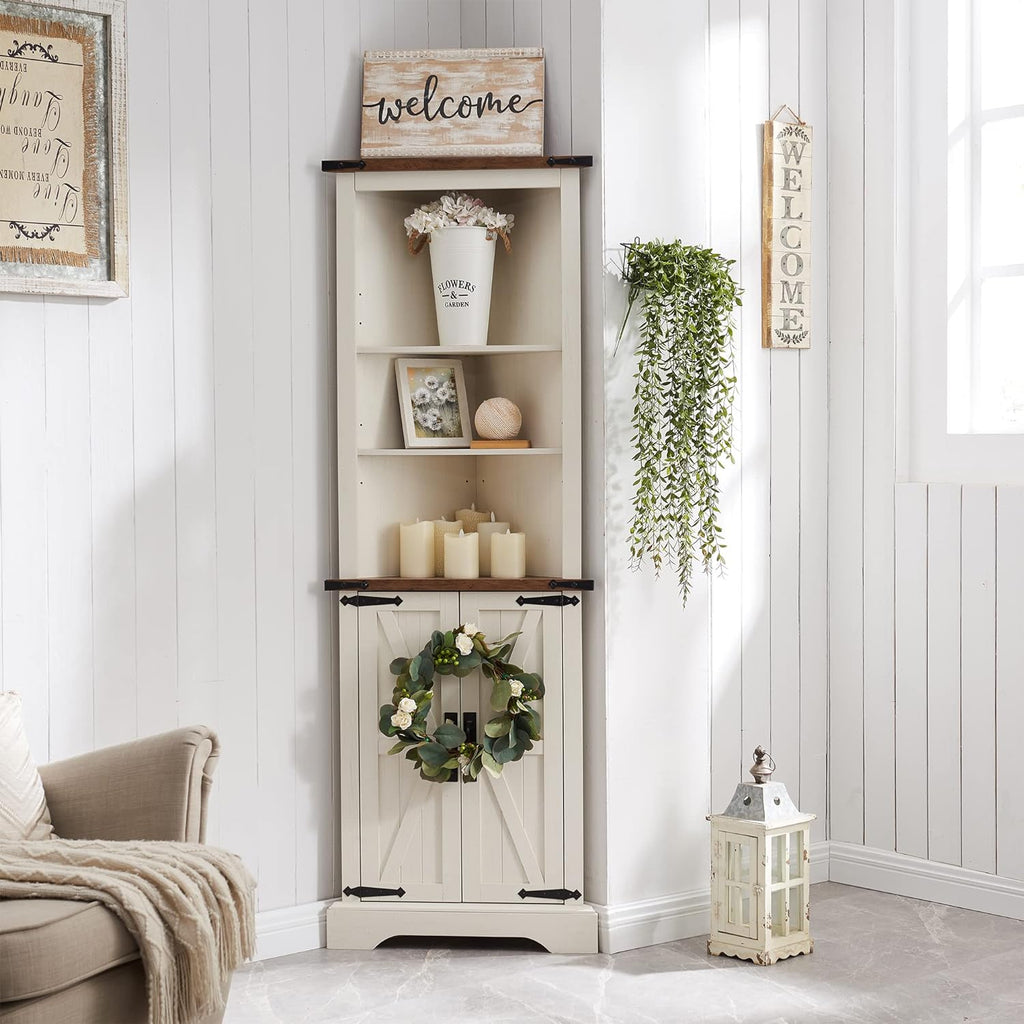 Tall Rustic Oak Antique White Corner Cabinet Adjustable Shelves Farmhouse Storage Barn Door Design Home Space Saver Living Room