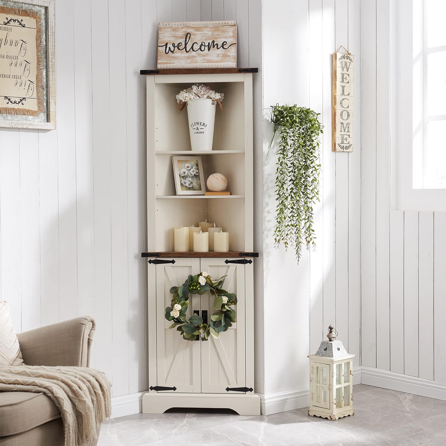 Tall Rustic Oak Antique White Corner Cabinet Adjustable Shelves Farmhouse Storage Barn Door Design Home Space Saver Living Room