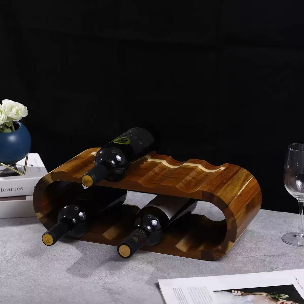 Modern Freestanding Acacia Wood Wine Rack Desktop Wine Double-Layer Storage Rack Oval Wooden Red Wine Display Rack Ornament