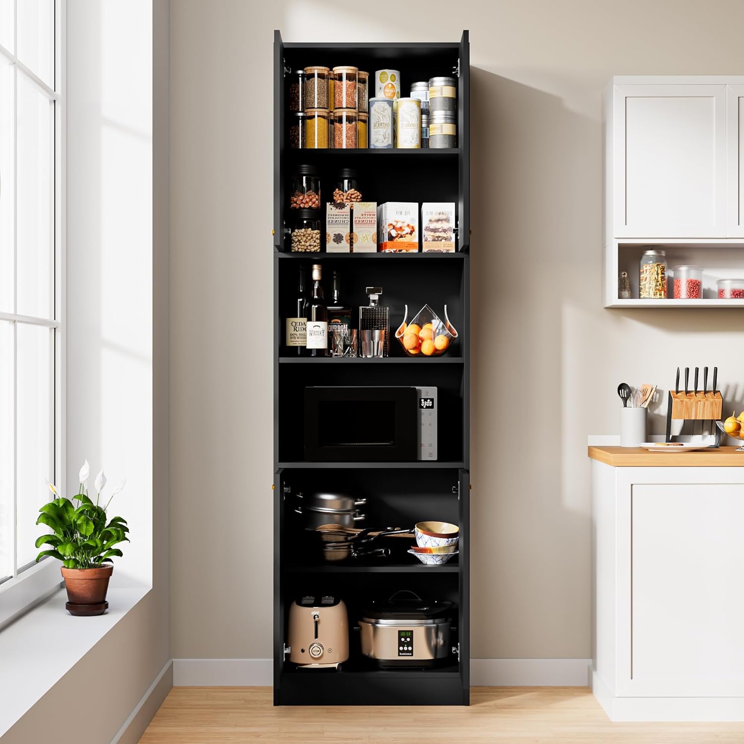 Tall Kitchen Pantry Storage Cabinet 4 Wood Doors Freestanding Cupboard Open Countertop Adjustable Shelves Portable Wardrobe