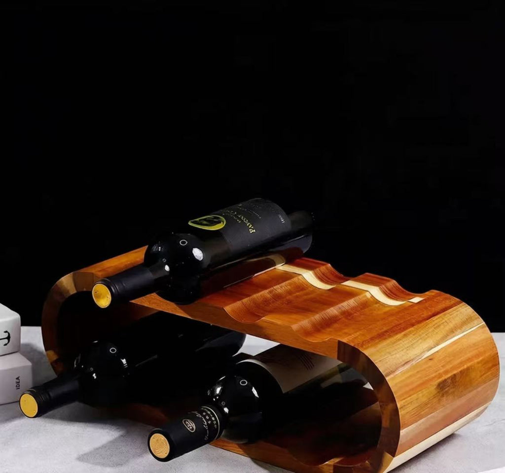 Modern Freestanding Acacia Wood Wine Rack Desktop Wine Double-Layer Storage Rack Oval Wooden Red Wine Display Rack Ornament