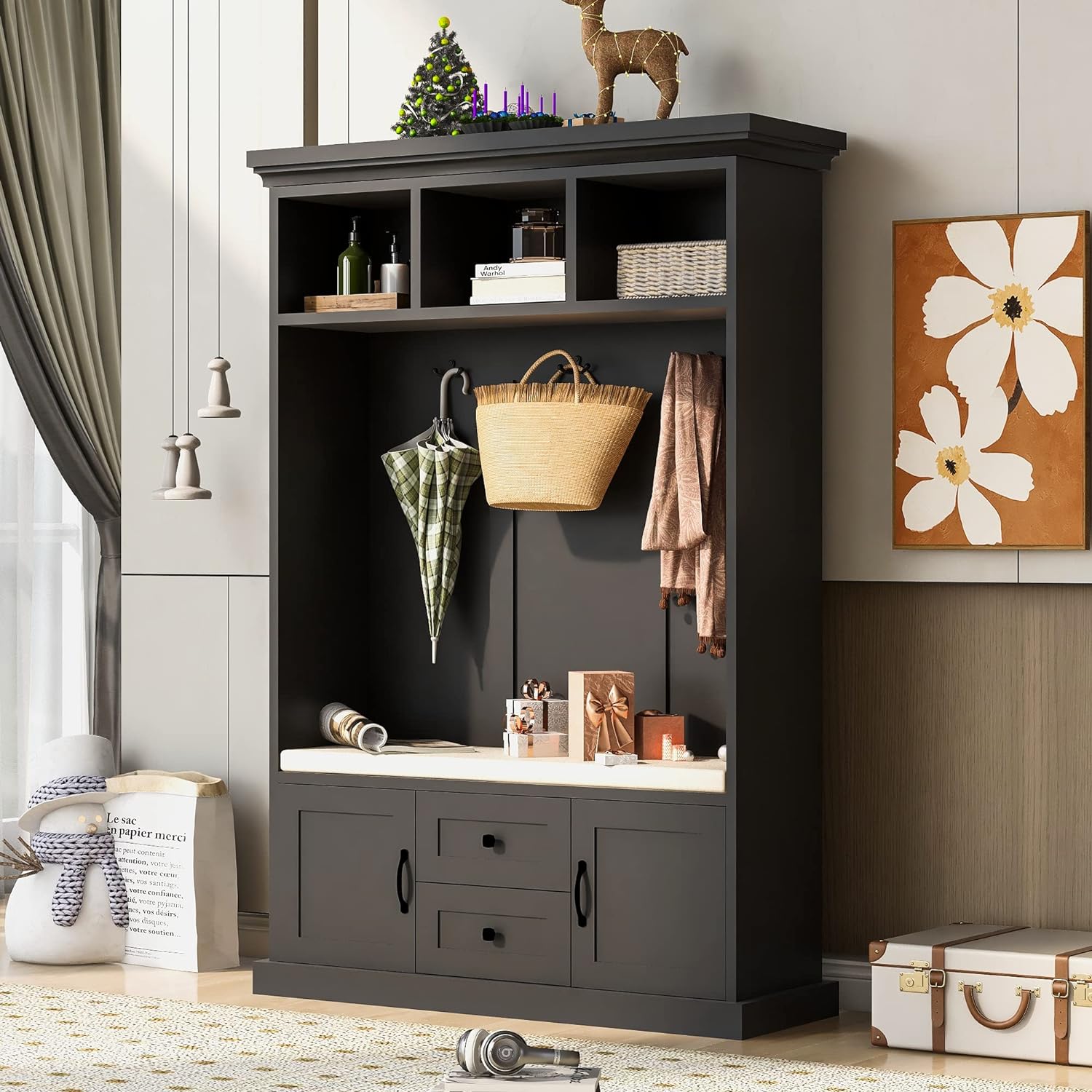 Modern Design Wooden Hall Tree With Shoe Rack Bench and Coat Hooks Panel Wood Dining Room Furniture for Home or Hotel Use