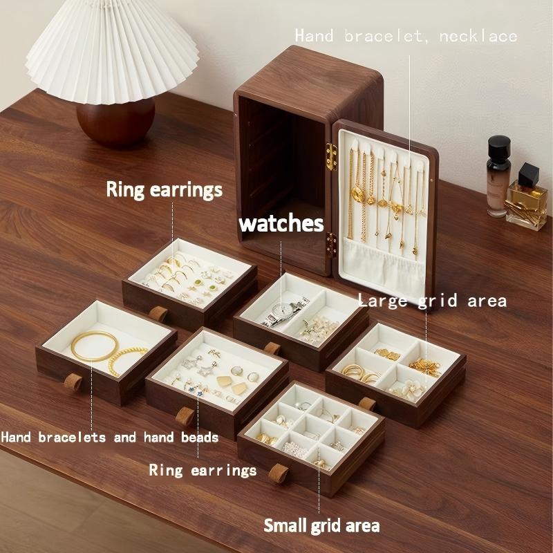 Exquisite Six-Layer Open Jewelry Box Large Capacity Walnut Wood Cabinet-Style Organizer for Stylish Storage
