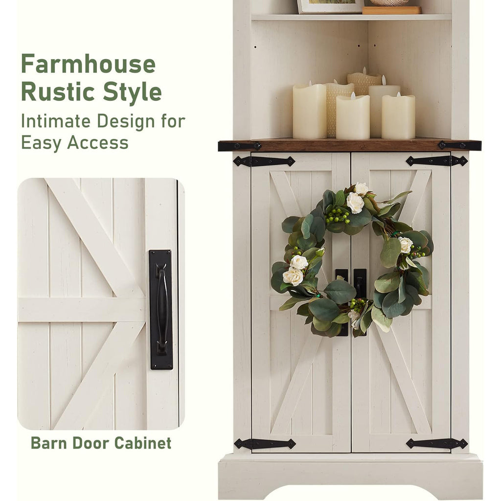 Tall Rustic Oak Antique White Corner Cabinet Adjustable Shelves Farmhouse Storage Barn Door Design Home Space Saver Living Room