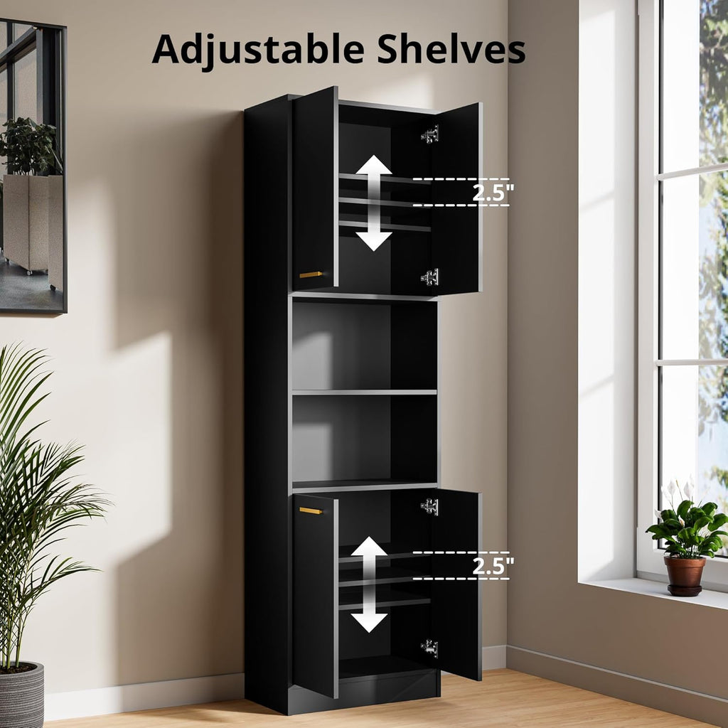 Tall Kitchen Pantry Storage Cabinet 4 Wood Doors Freestanding Cupboard Open Countertop Adjustable Shelves Portable Wardrobe