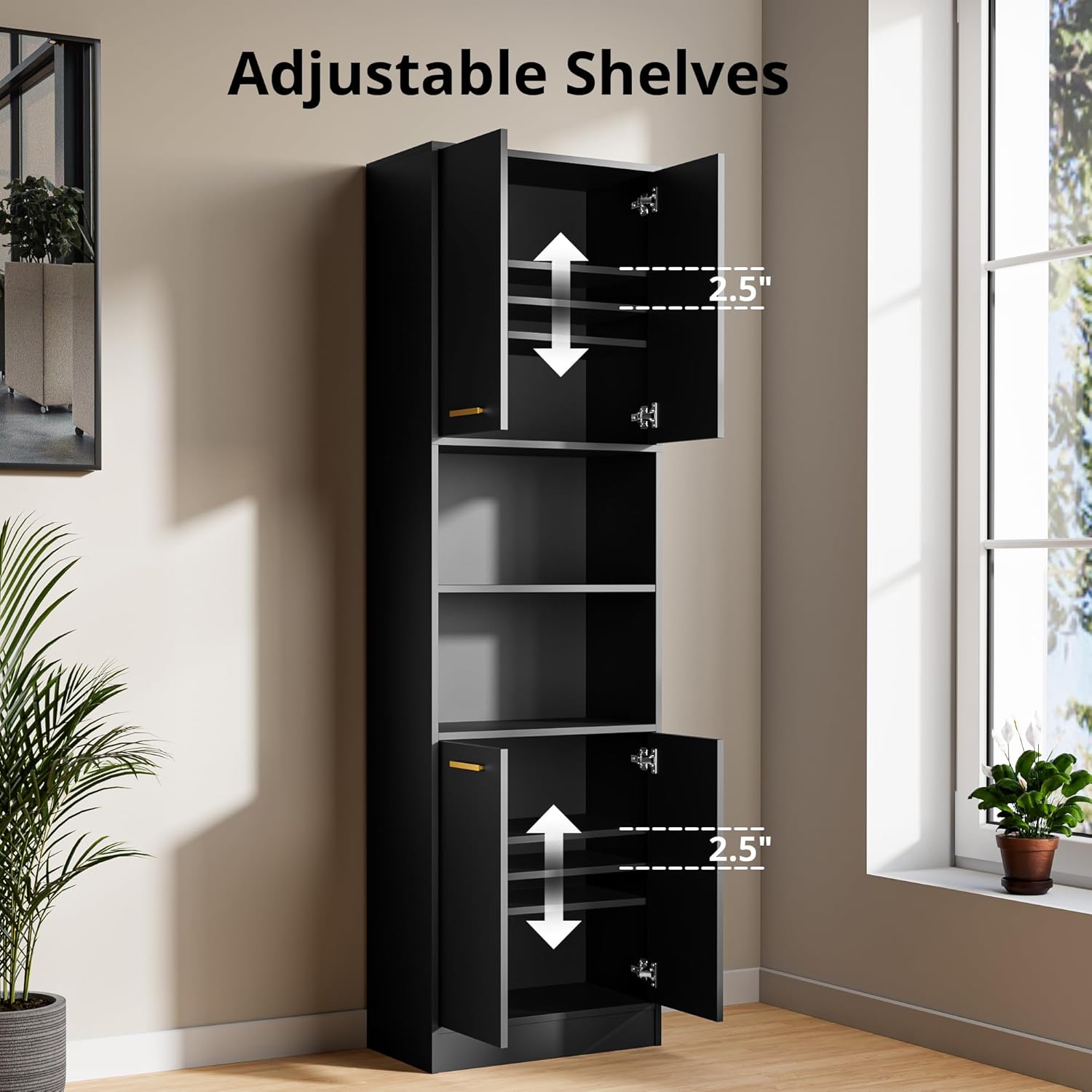 Tall Kitchen Pantry Storage Cabinet 4 Wood Doors Freestanding Cupboard Open Countertop Adjustable Shelves Portable Wardrobe