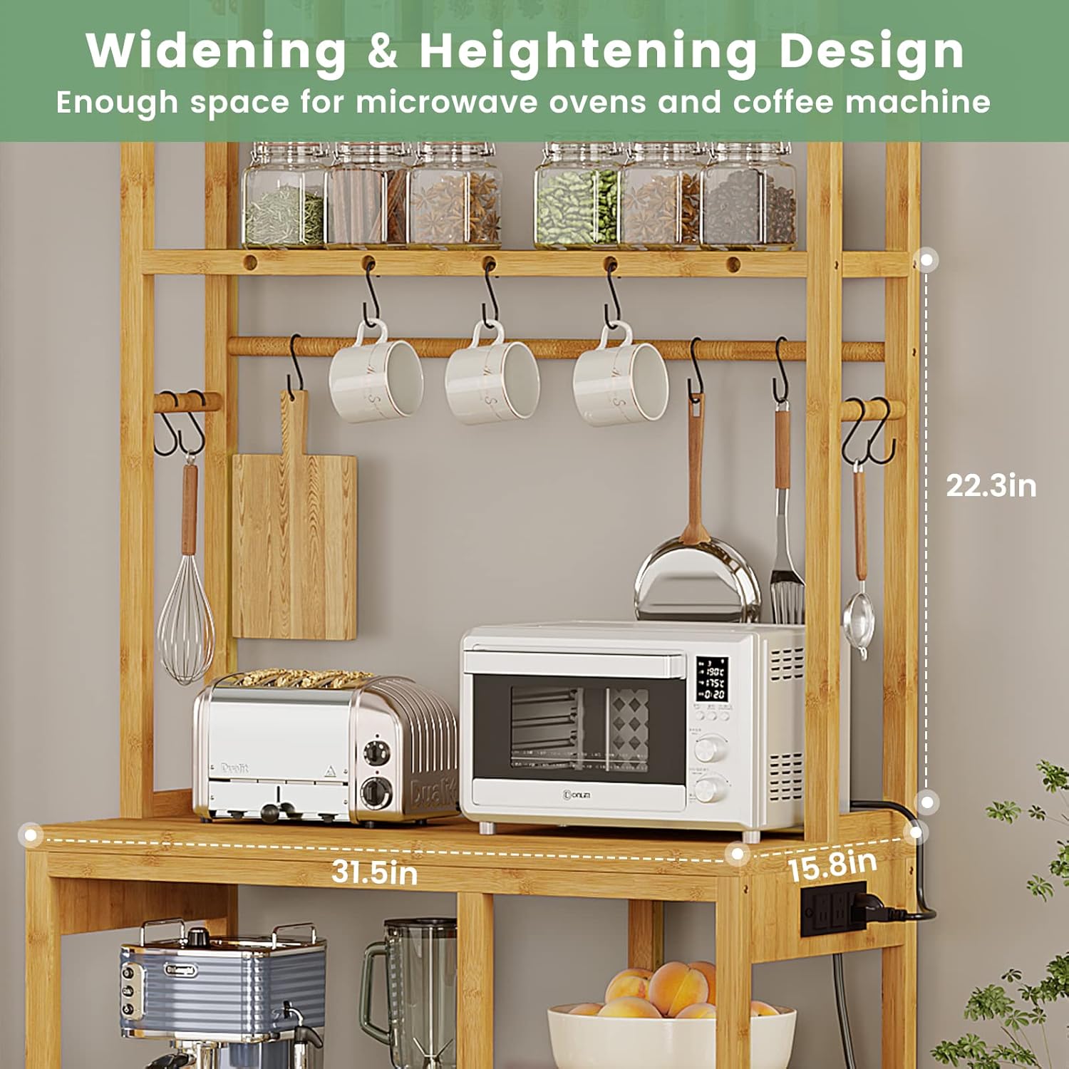 Bamboo Kitchen Storage Rack with Power Sockets 10 S-Shape Hooks for Tableware Food Dishes and Bowls Coffee Bar Stand Shelf