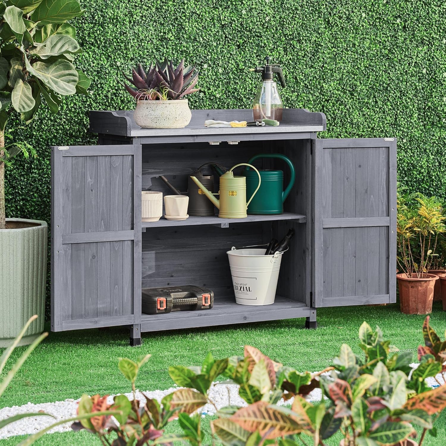 Modern Style Large Outdoor Garden Potting Table Bench Wooden Planting Work Station With Storage Cabinet Shelf Wood Kit Home Use