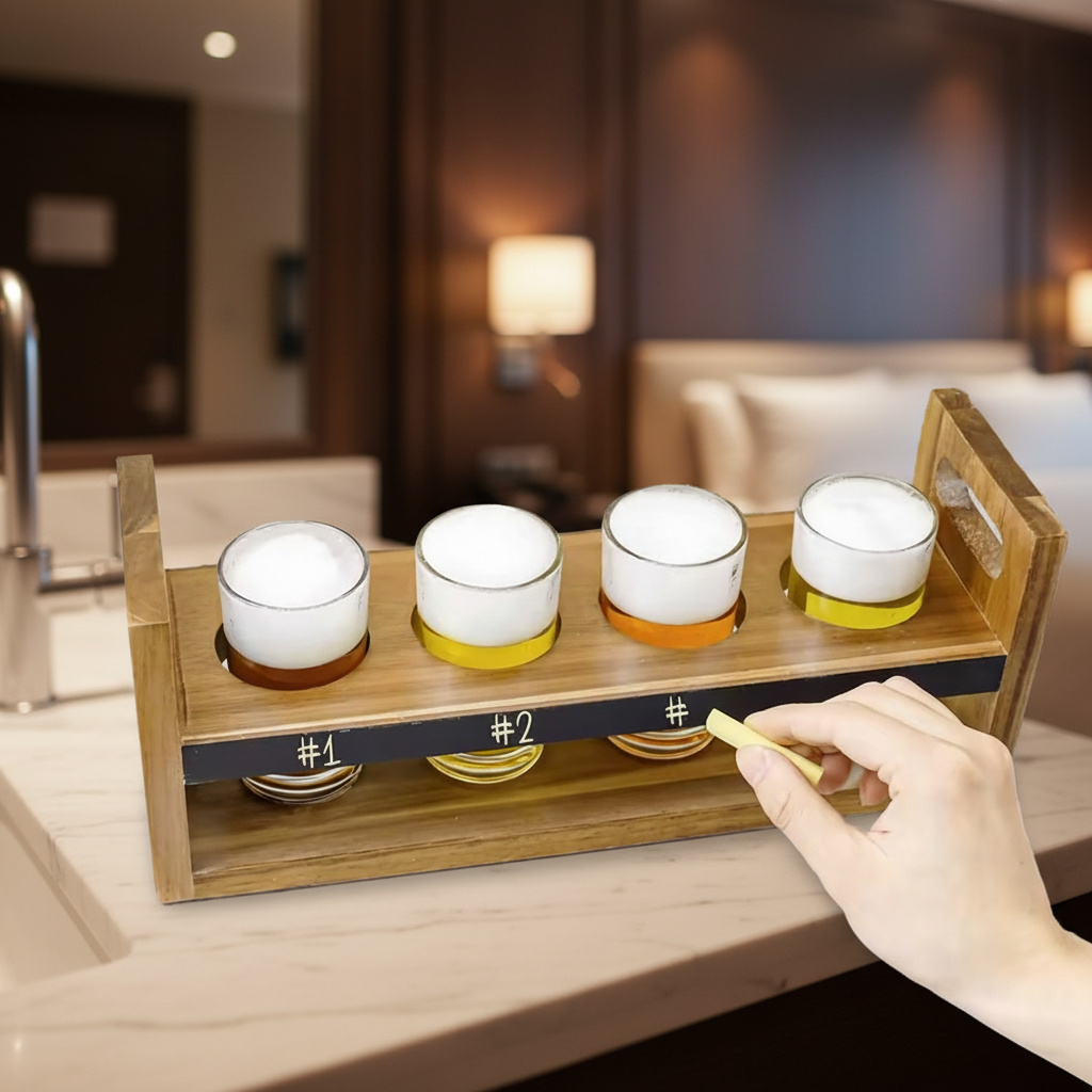 Vintage Desktop Wooden Wine Glass Holder Beer Tasting Tray with Wipeable Blackboard Eco-friendly Portable Wine Tray