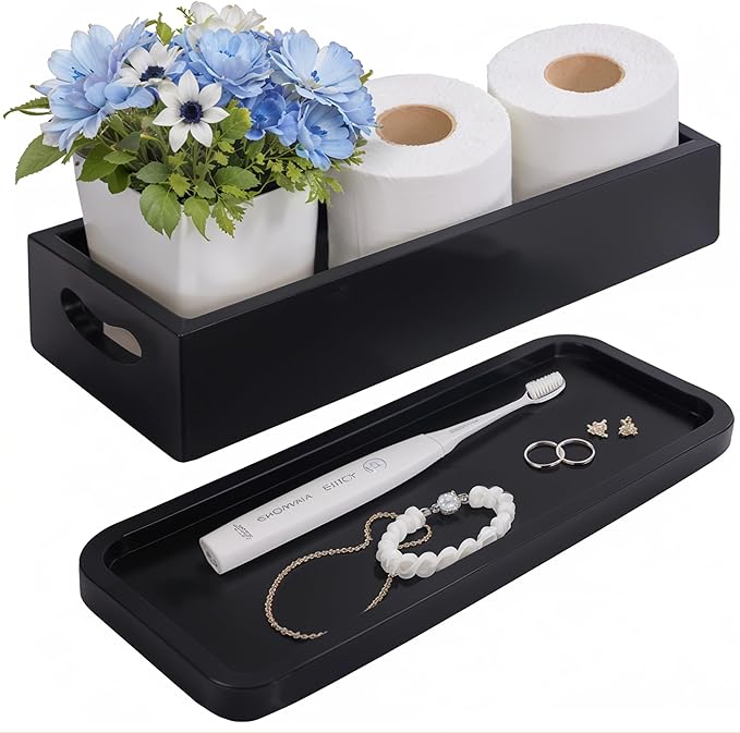 Handcrafted Natural Acacia Wood Single Toilet Tank Basket Top Cover Elegant Dressing Table Tray Set Living Room Bathroom Storage
