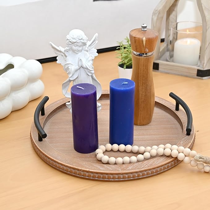 Round Wood Tray with Handle Kitchen Counter Tray Decorated by Wooden Bead Garland for Living Room Use Lacquer Technics