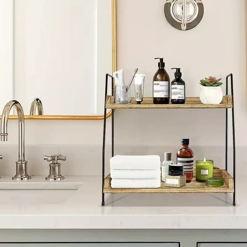Wooden Storage Rack Multi-Functional Double-Layer Kitchen Spice Organizer Bathroom Skincare Organizer Desktop Storage Rack
